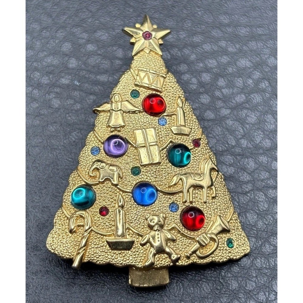 JJ Jonette 1986 Gold Tone Christmas Tree Brooch Pin Multicolor Rhinestone